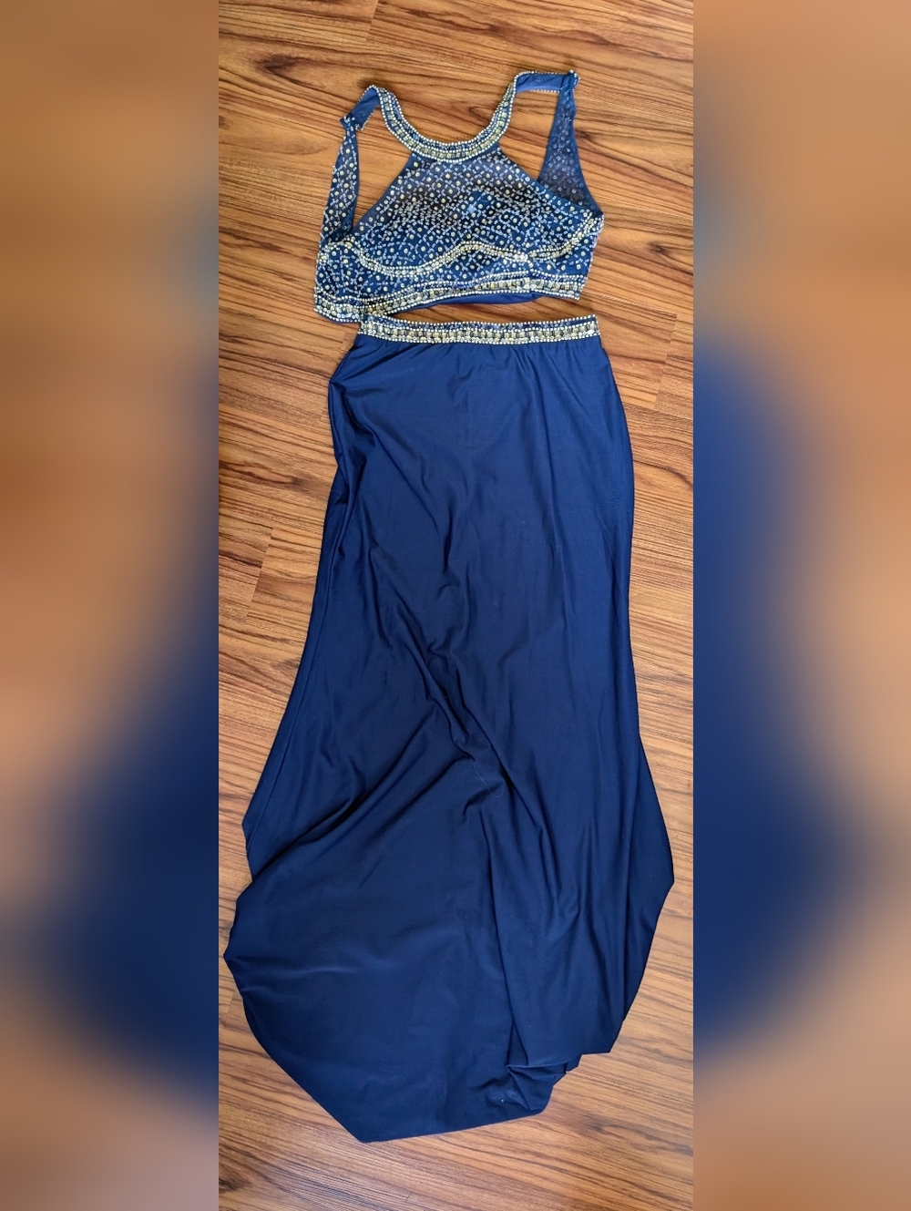 Embellished Navy Two-Piece Skirt Set with Beaded Waist